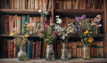 Vintage bookshelf adorned with vases of freshly picked wildflowers AI generated