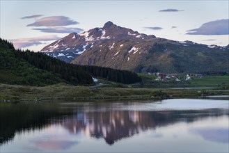 Landscape on the Lofoten Islands. Lake Holdalsvatnet, Mount Blatinden and other mountains in the