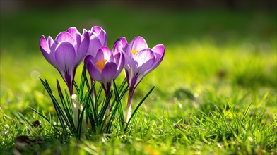 Radiant purple crocuses bloom amidst green grass, signaling the arrival of spring, AI generated