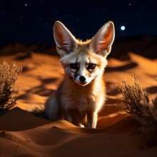 Fennec fox with perked ears traversing the saharan sands under moonlit, AI generated