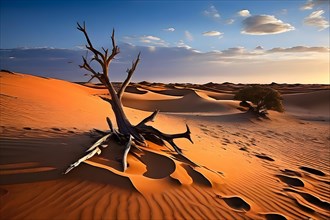 Saxaul tree branches stabilizing gobi desert sand dunes, AI generated