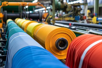 Rolls of fabric in textile factory. KI generiert, generiert, AI generated