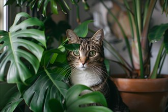 Tabby cat with tropical houseplants. KI generiert, generiert, AI generated