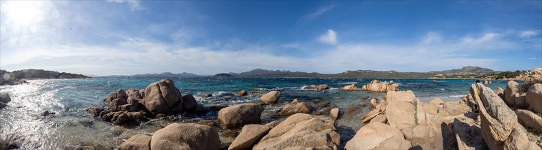 Rock formations, panoramic photo, Capriccioli beach, Costa Smeralda, Sardinia, Italy, Europe
