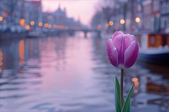 A dew-kissed pink tulip stands before a tranquil Amsterdam scene at dawn, AI generated
