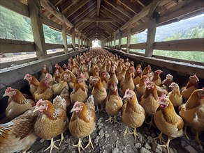 A flock of chickens inside a wooden covered bridge, looking at the camera, AI generiert, AI