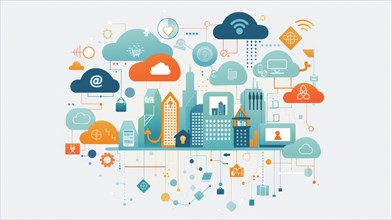 Flat design illustration of cloud computing over a cityscape with connectivity icons, ai generated,