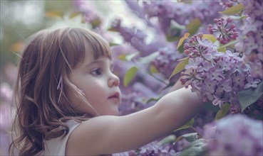 A child reaching out to touch a blooming lilac flower AI generated