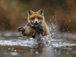 A fox has caught a duck in the water and shows its teeth, AI generated, AI generated, AI generated