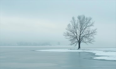 A solitary tree standing on the frozen shore of a lake AI generated
