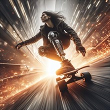 Female skateboarder with a bionic leg in a dynamic pose, generating sparks on an urban road, AI