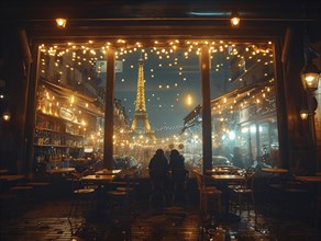 Blick von einer beleuchteten Cafeterrasse auf den naechtlichen Eiffelturm in Paris, Lifestyle in
