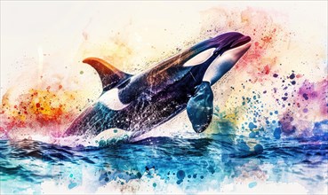 A watercolor depiction of an orca whale breaching the surface against a backdrop of vibrant ocean