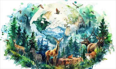 Watercolor illustration of Earth with wildlife and forests AI generated