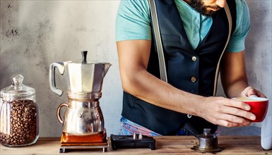 Hipster man making coffee with a moka pot on a wooden counter, horizontal, AI generated