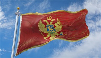 Flags, the national flag of Montenegro flutters in the wind