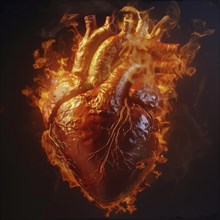 An illusionary image of a heart in a sea of flames, AI generated