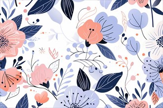 Floral pattern with pink and blue hues suitable for wallpaper or textile print, illustration, AI