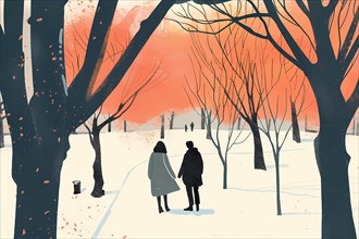 Serene illustration of a couple in a snowy park with red trees and falling snow, illustration, AI