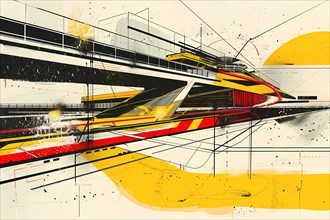 Abstract geometric depiction of a high-speed train in motion with yellow and red accents,