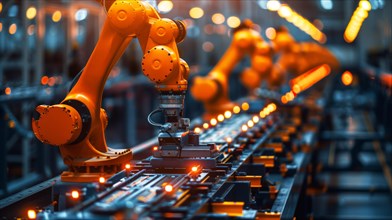 Orange robotic arms on an assembly line in an industrial setting, ai generated, AI generated