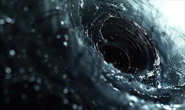 Reflective water textures swirl around a blue-hued black hole in this dynamic digital art piece AI