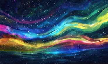 Dynamic abstract digital artwork with flowing waves of blue, green, and yellow colors AI generated