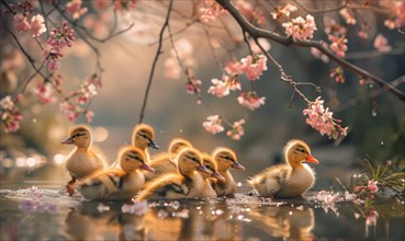 A group of fluffy ducklings waddling near a pond surrounded by blooming cherry trees. Spring nature