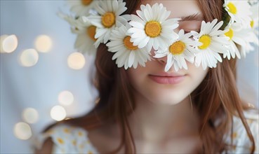 Daisies arranged in a floral crown, young woman in floral crown, nature beauty AI generated