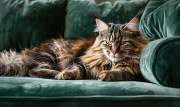 Maine Coon cat with luxurious fur reclining on a plush velvet sofa AI generated