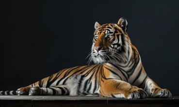 An Amur tiger posed on a platform under studio lights, black background AI generated