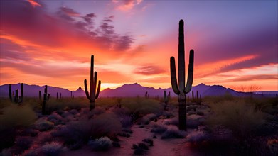 Saguaro cacti against the backdrop of a colorful sunrise sky, AI generated