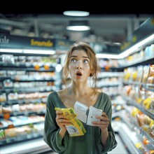 Surprised woman reading a product label in a supermarket, AI generated
