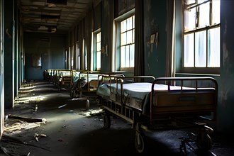 Rows of empty rusting hospital beds suspended in the melancholy, AI generated, hospital, damage,