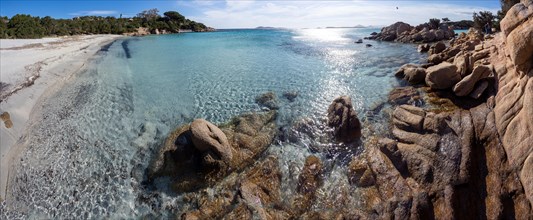 Rock formations, lonely bay, panoramic shot, Capriccioli beach, Costa Smeralda, Sardinia, Italy,