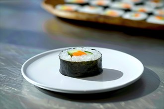 A simple yet elegant presentation of sushi on a white plate with a clean background, AI generated