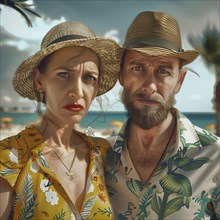 Couple in tropical clothes with worried expressions on the beach under clouds, AI generated