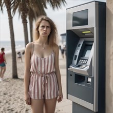 Confused woman standing next to an ATM on the seafront, AI generated
