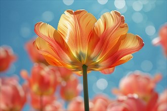 Translucent orange and yellow tulip illuminated by sunlight with a bokeh effect background, AI