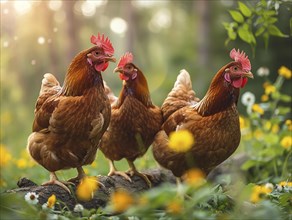 A group of chickens enjoying the outdoors during a calm sunrise, AI generiert, AI generated