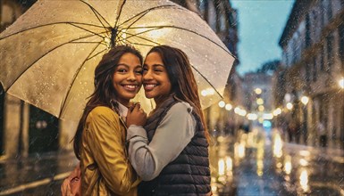 Two sisters sharing an umbrella and a joyful moment on a rainy city night, AI generated, blurry