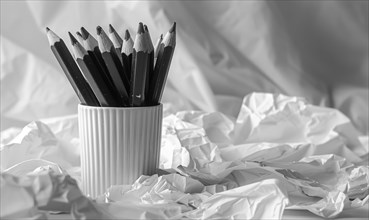 Graphite pencils arranged in a cup on a desk, surrounded by crumpled sheets of discarded white