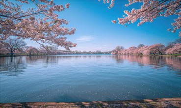 The lake in full bloom during the springtime, cherry tries blossoms near the lake in clear sunny
