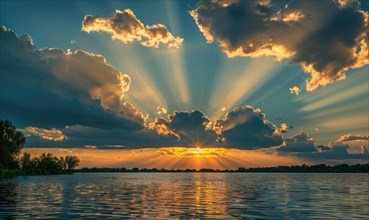 The sun peeking through a fluffy cumulus clouds, clouds reflected in water surface, sunset on the