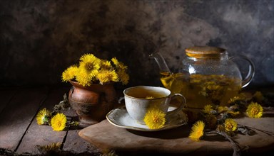 Rustic still life with a cup of coltsfoot tea, teapot and coltsfoot on a wooden table, medicinal