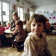 A curious child looks at the camera in a vintage classroom, AI generated
