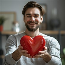 Man with beard and grey sweatshirt smiling and holding a red heart in his hands, AI generated