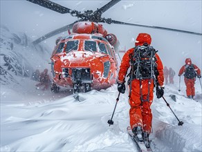 Mountain rescuers, emergency workers on duty in the mountains, AI generated