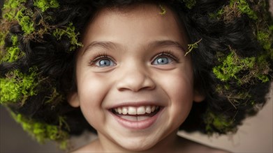 Portrait of a child with pure joy and playful moss-covered curls, earth day concept, AI generated