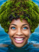 Vibrant image of a smiling woman with blue eyes and mossy afro hairstyle, submerged underwater,